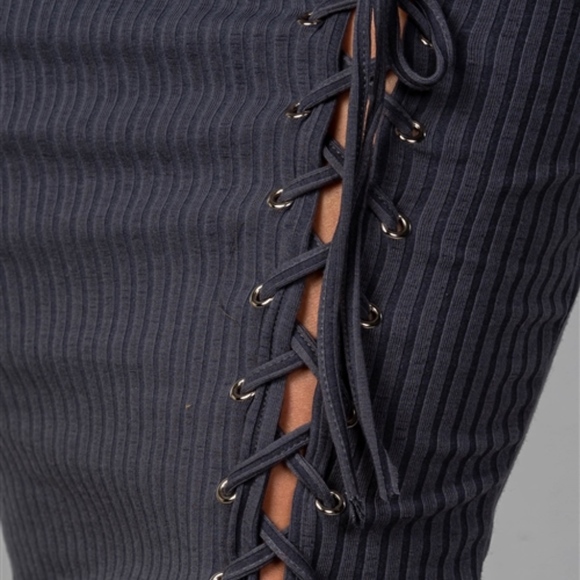 RIBBED LACE-UP BODYCON MIDI DRESS in SLATE - Picture 4 of 6